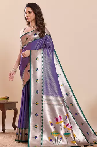 blue art silk woven saree with blouse