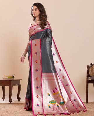 navy blue art silk woven saree with blouse 2