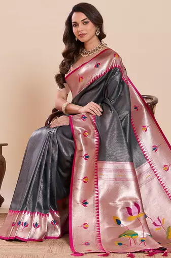 navy blue art silk woven saree with blouse