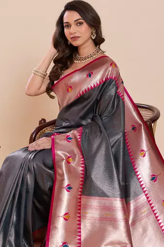 navy blue art silk woven saree with blouse