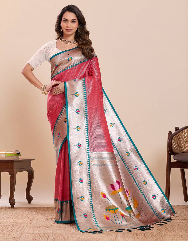 pink art silk woven saree with blouse