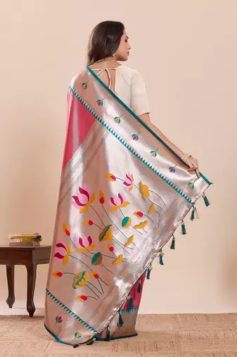 pink art silk woven saree with blouse