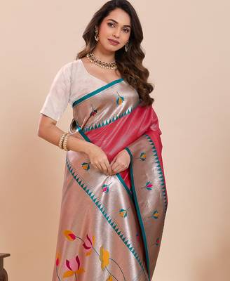 pink art silk woven saree with blouse 5