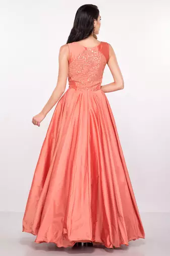 Peach silk sleevless embroidered gown