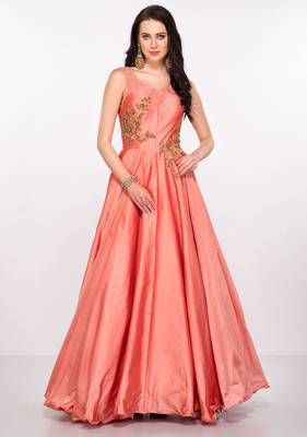 Peach silk sleevless embroidered gown 1