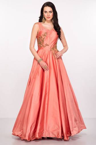 Peach silk sleevless embroidered gown