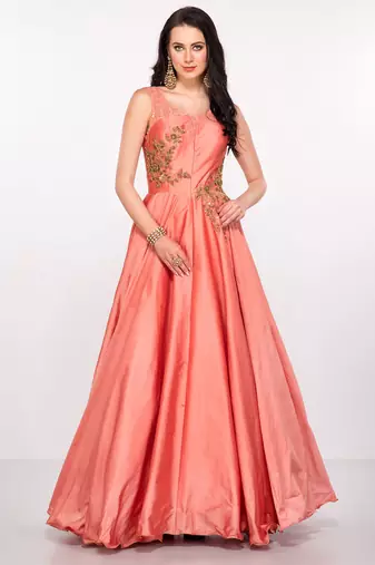 Peach silk sleevless embroidered gown