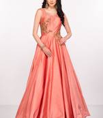 Peach silk sleevless embroidered gown