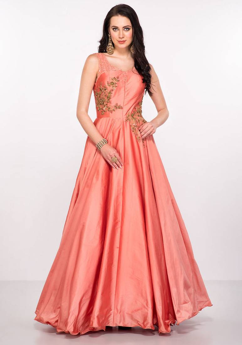 Peach silk sleevless embroidered gown