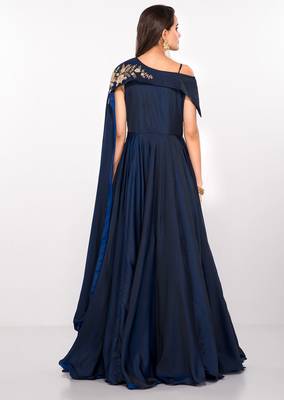 Navy blue silk sleevless embroidered gown 2