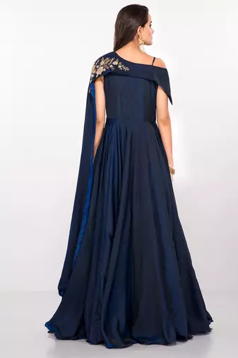 Navy blue silk sleevless embroidered gown
