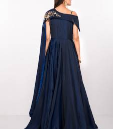 Navy blue silk sleevless embroidered gown