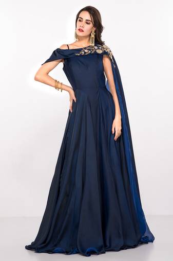Navy blue silk sleevless embroidered gown