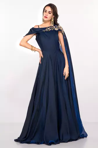 Navy blue silk sleevless embroidered gown