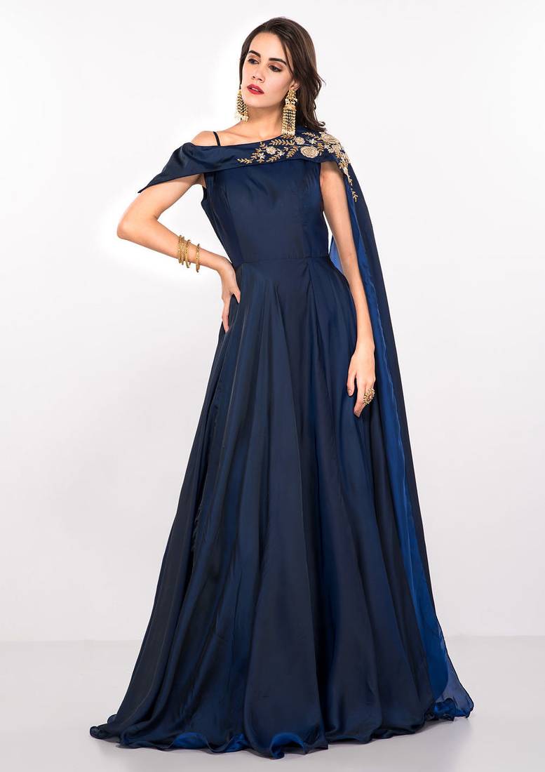 Navy blue silk sleevless embroidered gown