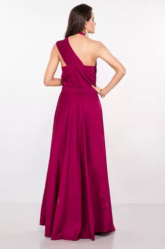 Deep pink silk sleevless embroidered gown