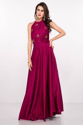 Deep pink silk sleevless embroidered gown