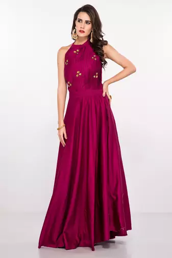 Deep pink silk sleevless embroidered gown