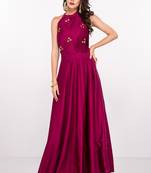 Deep pink silk sleevless embroidered gown