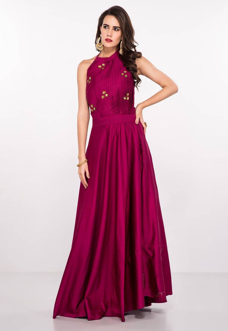 Deep pink silk sleevless embroidered gown