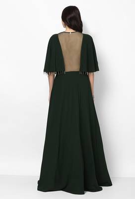 Dark green georgette cape sleeve embroidered gown 2