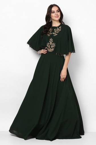 Dark green georgette cape sleeve embroidered gown