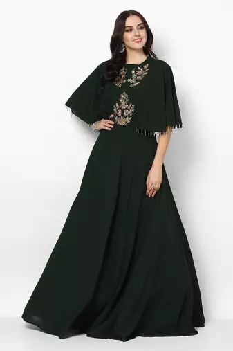 Dark green georgette cape sleeve embroidered gown