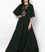 Dark green georgette cape sleeve embroidered gown