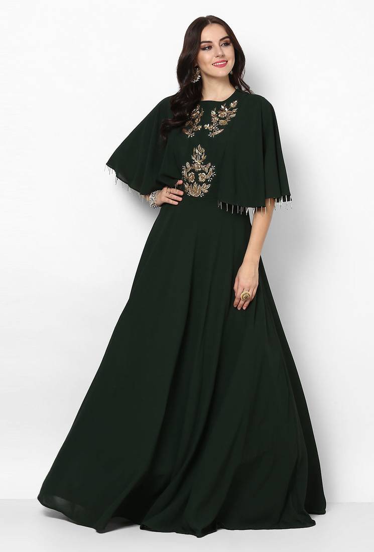 Dark green georgette cape sleeve embroidered gown