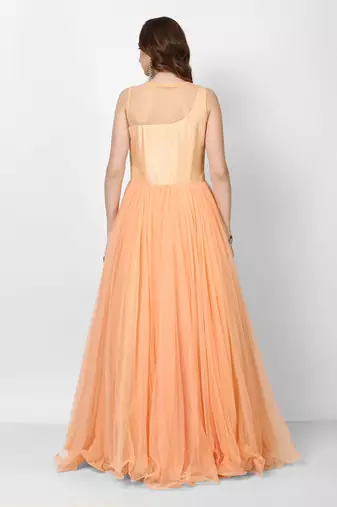 Peach net sleevless embroidered gown