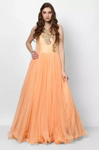 Peach net sleevless embroidered gown