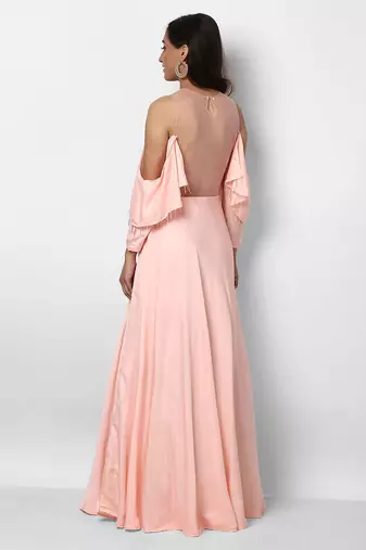 Baby pink silk cold shoulder embroidered gown