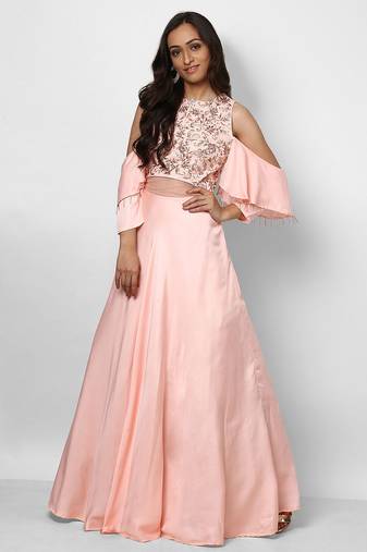 Baby pink silk cold shoulder embroidered gown
