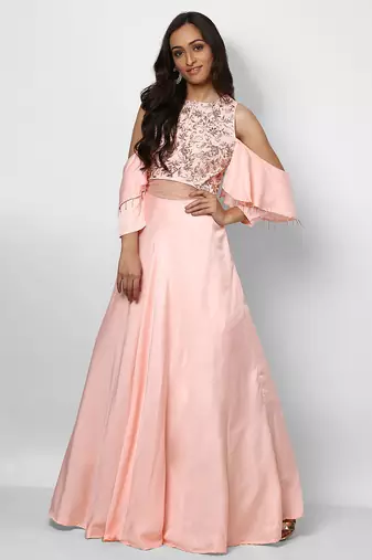 Baby pink silk cold shoulder embroidered gown
