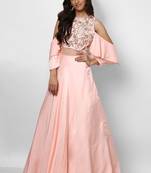 Baby pink silk cold shoulder embroidered gown