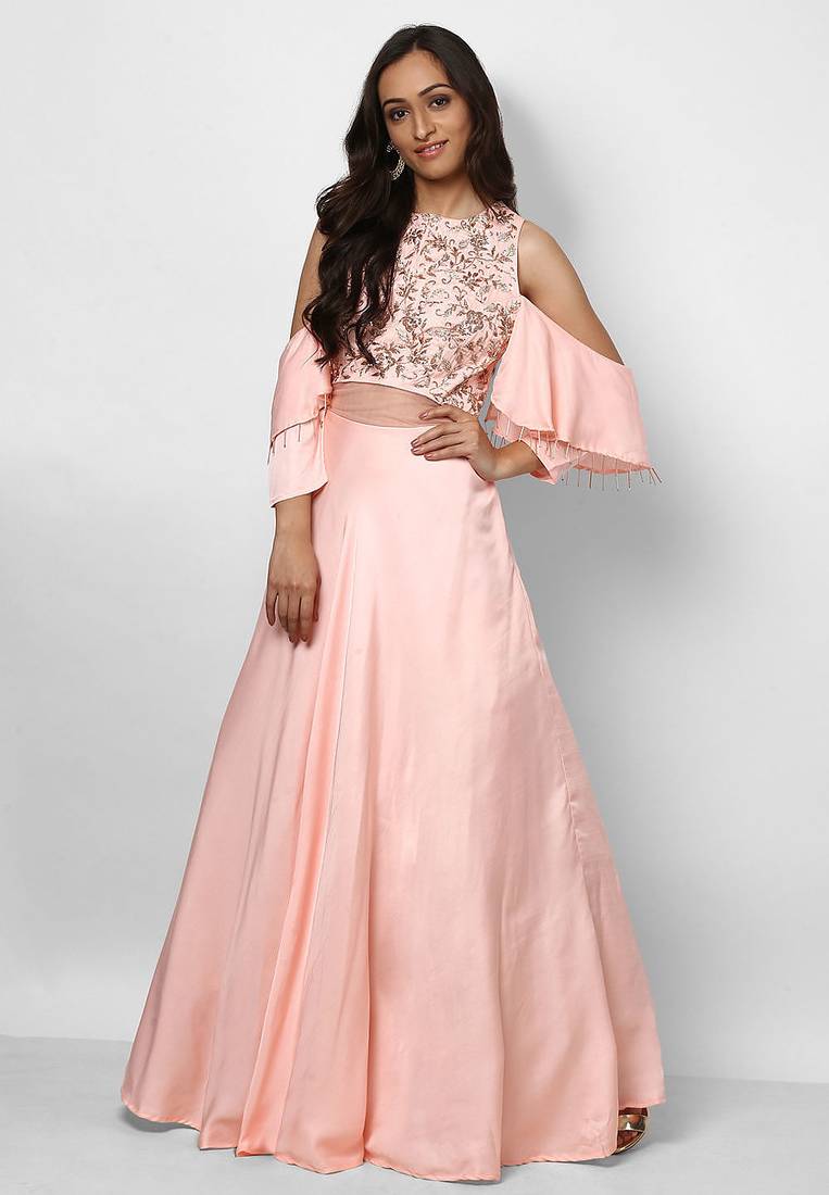 Baby pink silk cold shoulder embroidered gown