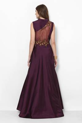 Purple silk sleevless embroidered gown 2