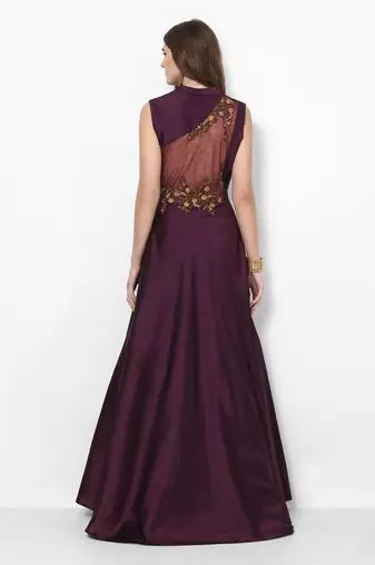 Purple silk sleevless embroidered gown
