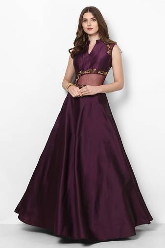 Purple silk sleevless embroidered gown