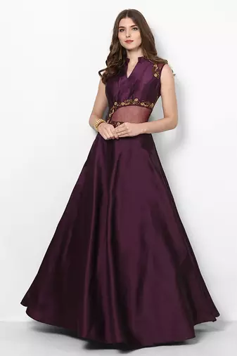 Purple silk sleevless embroidered gown