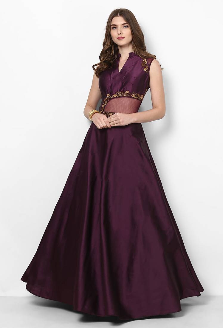 Purple silk sleevless embroidered gown