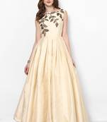 Ivory silk sleevless embroidered gown