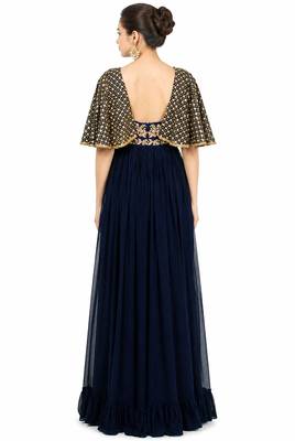 Navy blue georgette cape sleeve embroidered gown 2