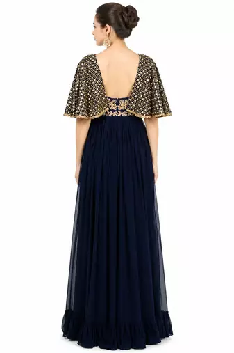Navy blue georgette cape sleeve embroidered gown