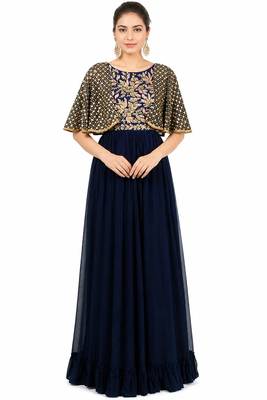 Navy blue georgette cape sleeve embroidered gown 1