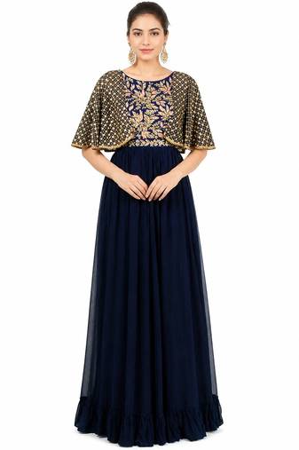 Navy blue georgette cape sleeve embroidered gown