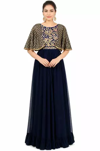 Navy blue georgette cape sleeve embroidered gown