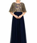 Navy blue georgette cape sleeve embroidered gown