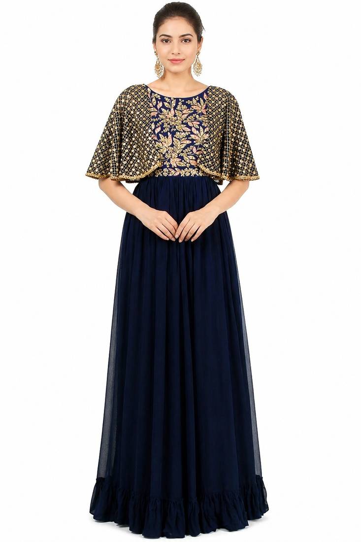 Navy blue georgette cape sleeve embroidered gown
