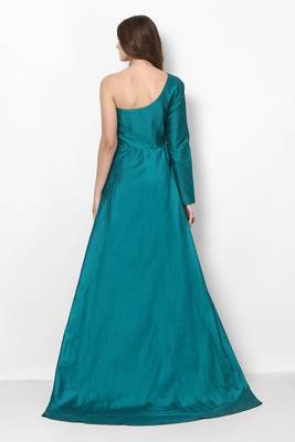Turquoise blue silk monosleeve embroidered gown 2